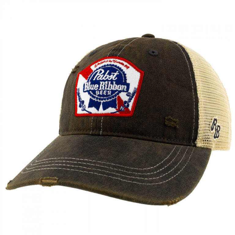 Pabst Blue Ribbon Distressed Retro Brand PBR Brown Mesh Trucker Hat