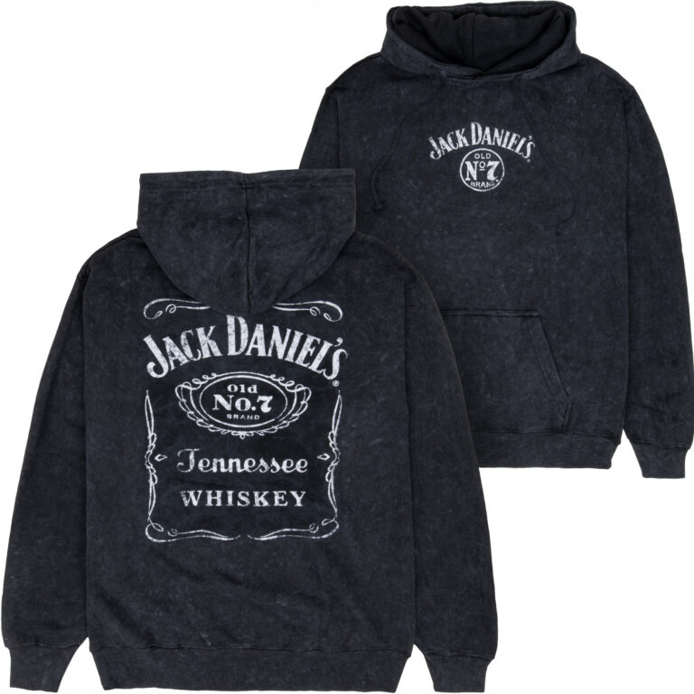 Jack Daniels Label Mineral Wash Front and Back Print Pull-Over Hoodie