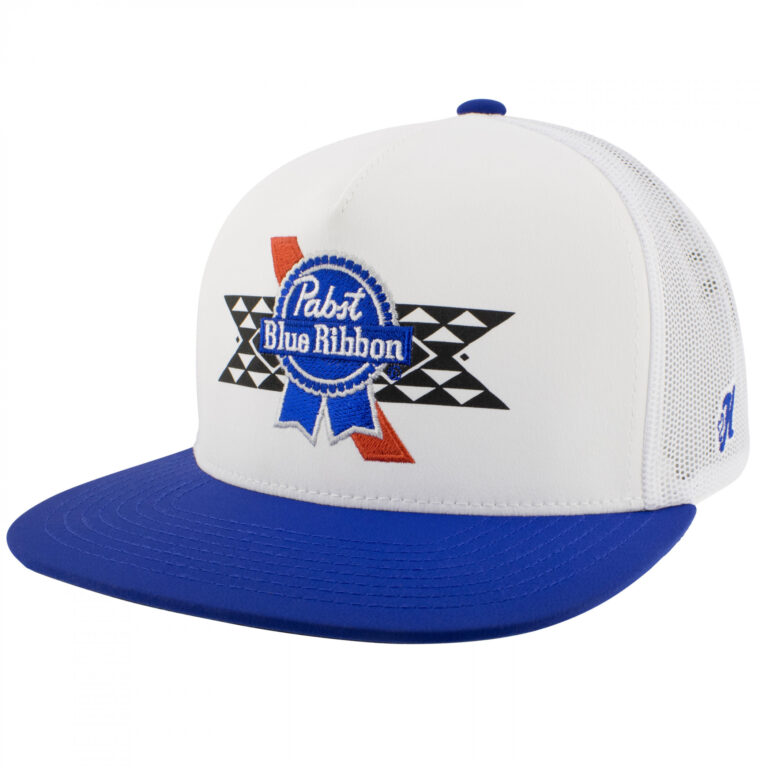 Pabst Blue Ribbon Patch Logo Blue and White Flat Bill Trucker Hat