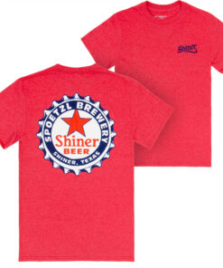Shiner Bock Bottle Cap Design on Red Front & Back Print T-Shirt