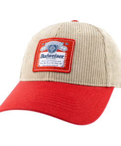 Budweiser Beer Label Patch on Brown Snapback Hat with Red Bill