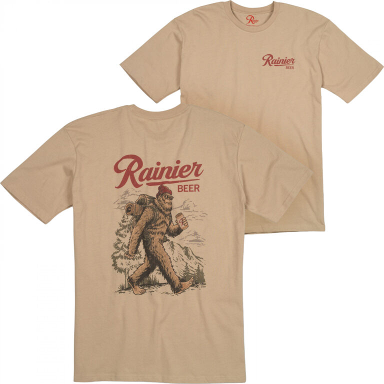 Rainier Beer Sasquatch Backpacking Front and Back Print T-Shirt