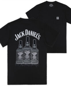 Jack Daniels Three Bottles Mineral Wash Front Back Print Woven Pocket T-Shirt