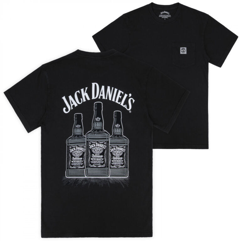 Jack Daniels Three Bottles Mineral Wash Front Back Print Woven Pocket T-Shirt