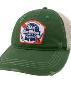 Pabst Blue Ribbon Embroidered Logo Distressed Green Denim Trucker Hat